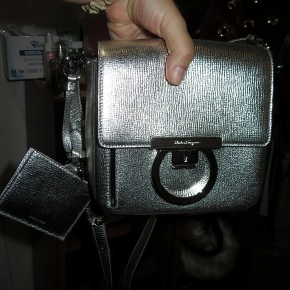 Salvatore Ferragamo Metallic Silver Leather Shoulder Grancini Flap Mini …